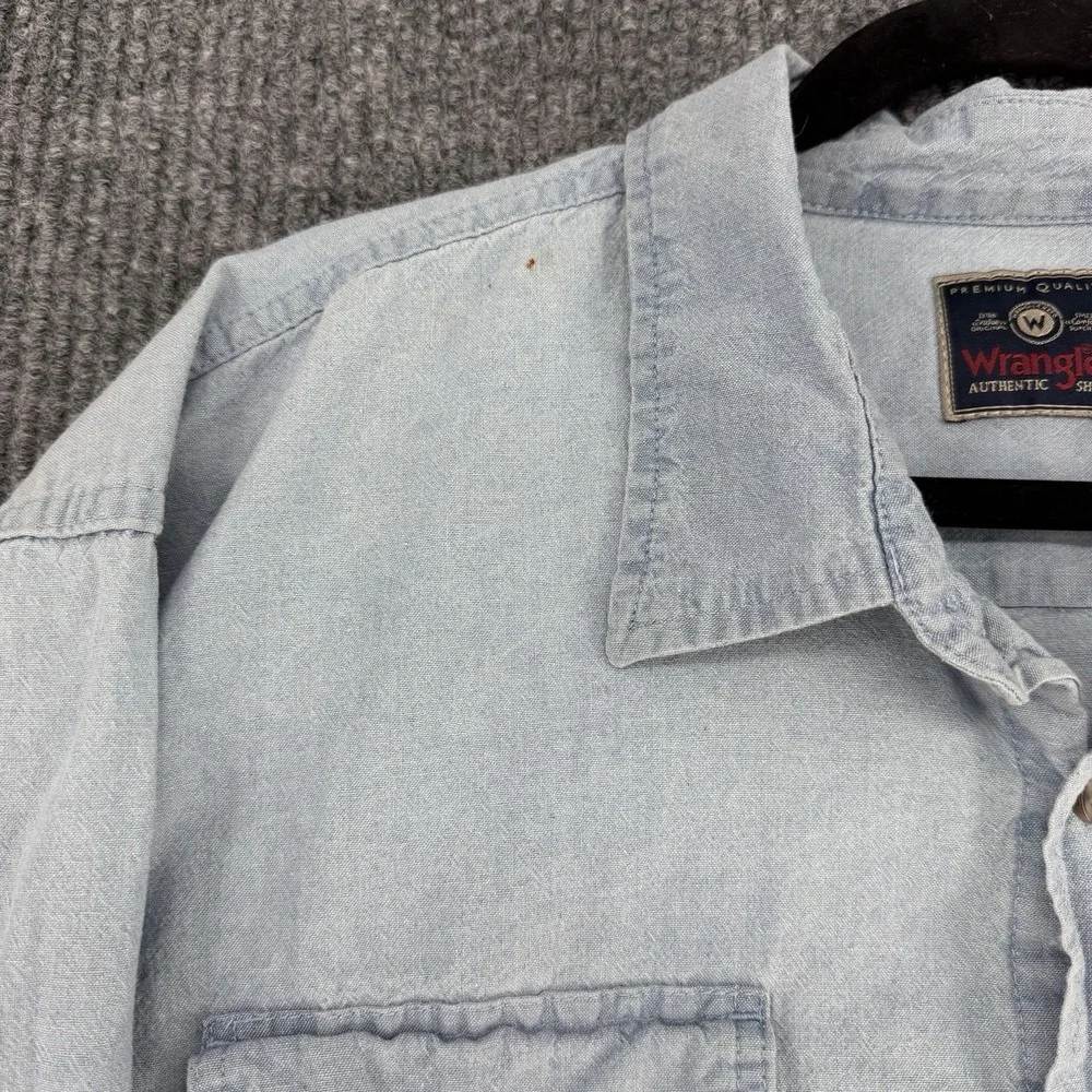 Vintage Wrangler Men's 2X Denim Chambray Western Button Up Shirt Cropped Fringe